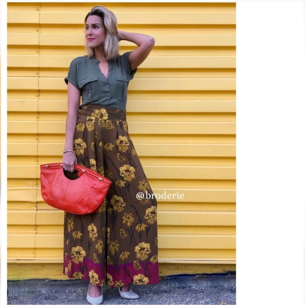 New Anthropologie Maeve Terrace Smocked High Waist Floral Wide Leg Striped Pants - Picture 2 of 15